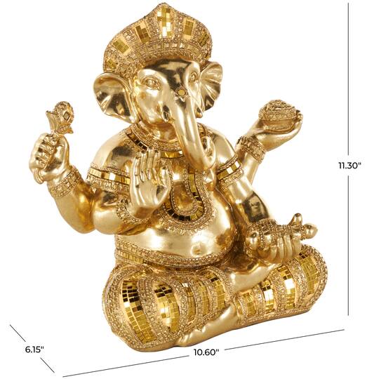10.5" x 11" Gold Resin Ganesh Decorative Sculpture with Mosaic Details